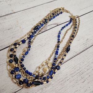 Multi-Strand Gold & Blue Beaded Necklace - Women Jewelry